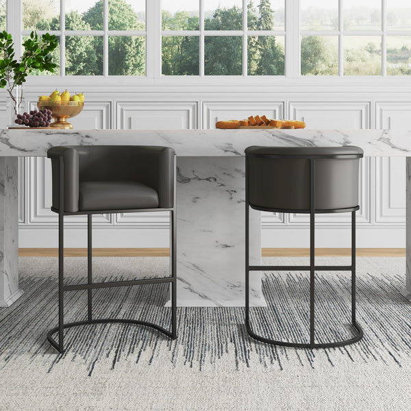 English Elm Cosmopolitan Metal Upholstered Barstool with Geometric Frame, Faux Leather Seat, High-Density Foam Comfort Gray B365P398449