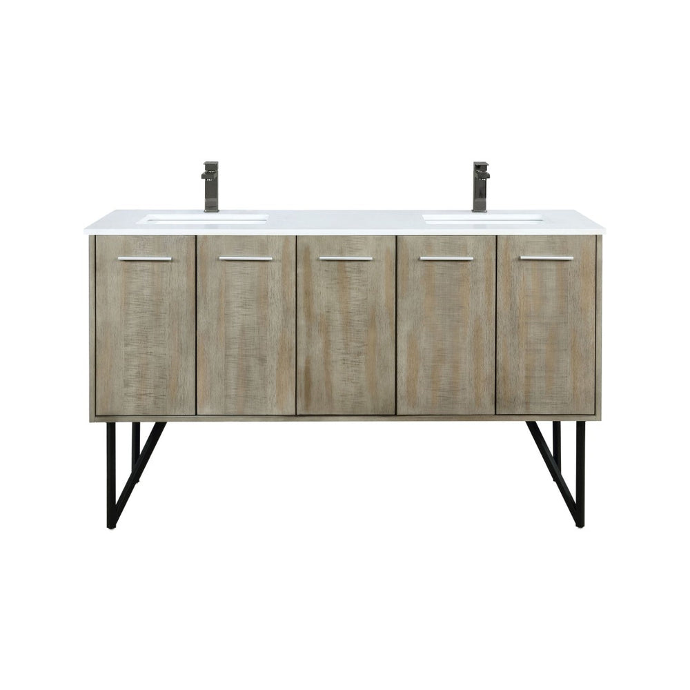 English Elm Rustic Acacia Double Bath Vanity 60" Wide With White Quartz Top & Gun Metal Faucet For Modern Style B2731P259631-GIGA