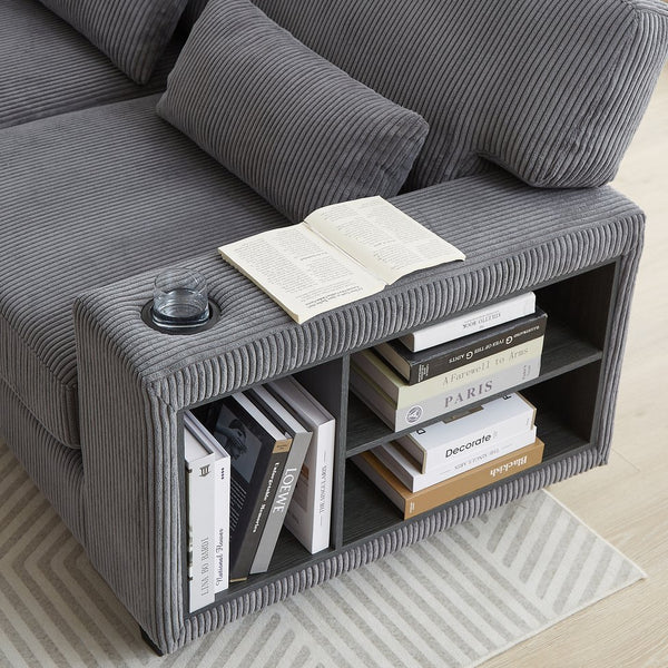 English Elm 102.75*102.75" L-Shaped Modular Sectional Sofa with Corduroy Upholstery, Storage Arm, Cup Holder, 5-Seat Convertible Lounge Grey W1926S00055