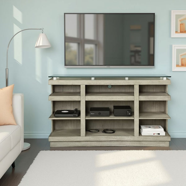 English Elm Celino 65 Inch Media Console with Tempered Glass Top and Open Shelving in Sandstone B108P468534