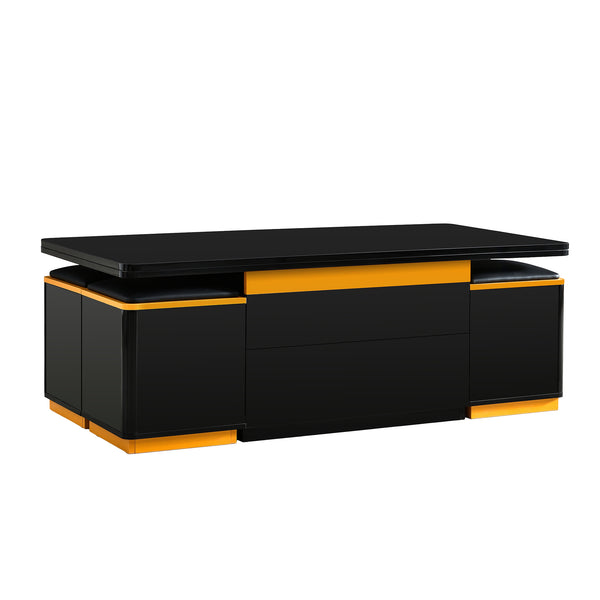 English Elm VIBE HAUS Lift-Top Coffee Table with Gold Trim, Foldable Workstation & Hidden Storage Stools Set Black N893S000010B