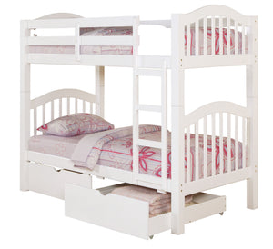 English Elm White Twin Over Twin Bunk Bed Convertible to Two Beds with Right Ladder, Guard Rail & Sturdy Slats B062S00498