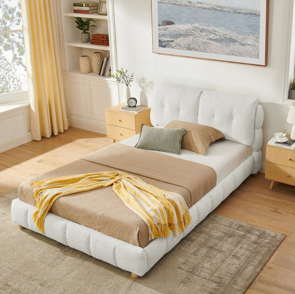 English Elm Queen Bouclé Upholstered Platform Bed Tufted Cloud Headboard Low Profile Frame W1413S00183