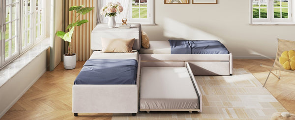 English Elm L-shaped Twin Platform Bed Set with Trundle Drawers and Center Table in Beige Linen GX000531AAA