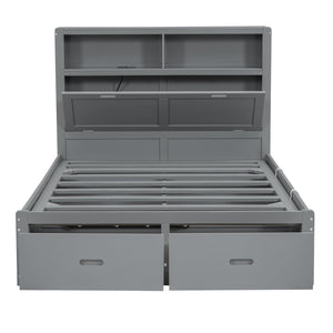 English Elm Wood Full Size Hydraulic Platform Bed with LED Headboard, Charging Station, Hidden Storage Drawers and Shelves Gray GX000371AAE