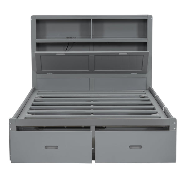 English Elm Wood Full Size Hydraulic Platform Bed with LED Headboard, Charging Station, Hidden Storage Drawers and Shelves Gray GX000371AAE