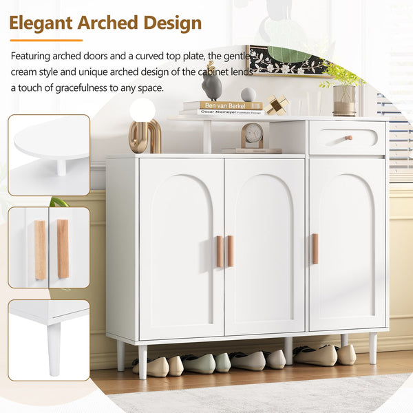 English Elm ON-TREND Elegant Arched Shoe Cabinet with Drawer and Adjustable Shelves, Stable Storage Sideboard for Entryway White WF321210AAK