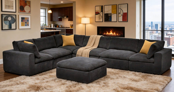 English Elm Coffee Bean Textured Modular Sectional Sofa Low Profile Contemporary Living Room Dark Gray B2748S00081