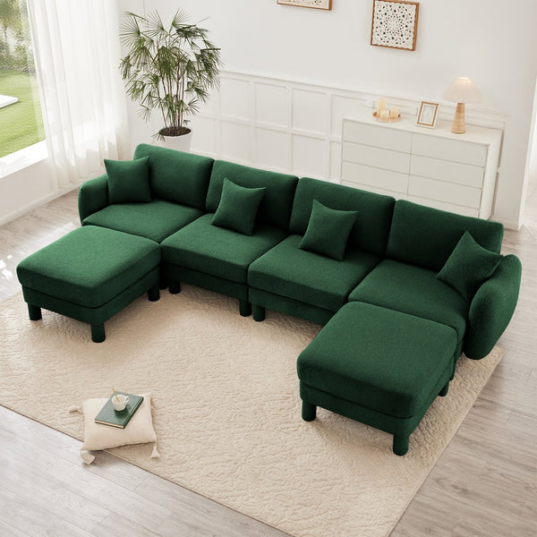 English Elm Boucle U Shape Sectional Sofa - 4-Seater With Shell Armrests & Movable Ottomans, Green Elegance W3041S00313