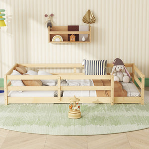 English Elm Twin Pine Montessori Floor Bed for Kids with Safety Fence, Low Profile Twin Frame, Natural Finish W1820P331919