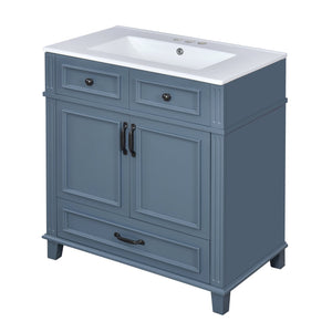 English Elm 30'' Bathroom Vanity with Sink - Retro Solid Wood Frame, Ceramic Basin, Soft-Close Doors & Ample Storage Blue N710P190656C