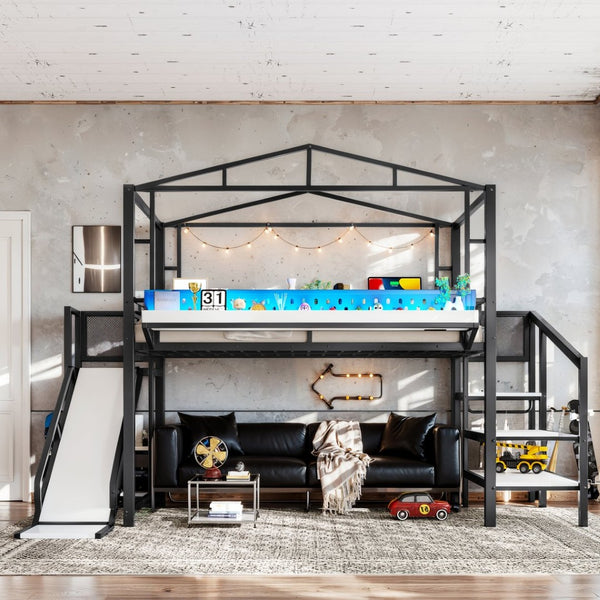 English Elm Twin Metal Loft Bed with Built-in Wardrobe Storage Stairs Led Lights and Usb Ports W5316S00047