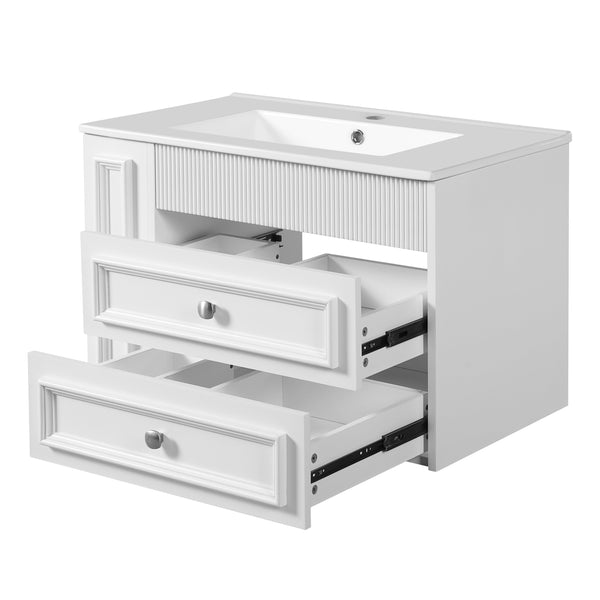 English Elm 30'' Wall Mounted Bathroom Vanity with Ceramic Sink, Floating MDF Cabinet, Soft-Close Drawers & Ample Storage White N710P334915K