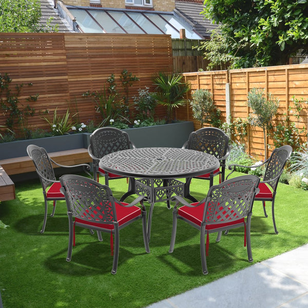 English Elm 7-Piece Cast Aluminum Patio Furniture Set With Red Cushions - Stylish, Durable, And Comfortable Dining! W1710S00483