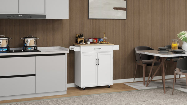 English Elm Kitchen island rolling trolley cart with drawer, doors, adjustable shelves, towel & spice rack, white - durable UV finish, 80 lb load capacity, easy assembly W282P163314