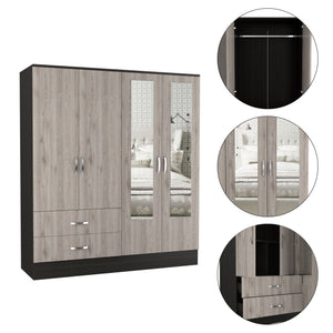English Elm Gangi Modern 4-Door Armoire with Mirrors, 10 Shelves, 2 Drawers & Hanging Rod for Organized Bedrooms Black+Grey 74.8 L x 23.62 W x 3.94 H B097S00228
