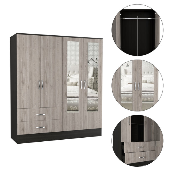 English Elm Gangi Modern 4-Door Armoire with Mirrors, 10 Shelves, 2 Drawers & Hanging Rod for Organized Bedrooms Black+Grey 74.8 L x 23.62 W x 3.94 H B097S00228