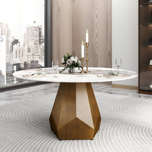 English Elm 59.05" Round Marble Dining Table – Elegant Metal Base For 6-8 People, Perfect For Dining & Living Rooms W1535S00455