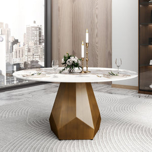 English Elm 59.05" Round Sintered Stone Dining Table with Lazy Susan Iron Base Seats 8 W1535S00630