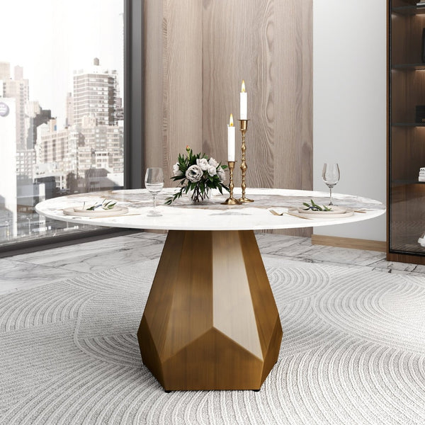 English Elm 59.05" Round Sintered Stone Dining Table with Lazy Susan Iron Base Seats 8 W1535S00630