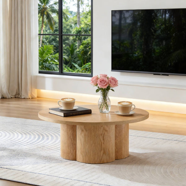 English Elm Round Wood Grain Coffee Table with Curved Bentwood Legs for Modern Living Rooms Natural W2085P400928