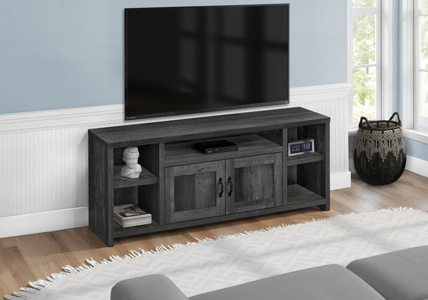 English Elm Tv Stand 60-Inch Media Console with Curved Sides and 3-Tier Open Shelves for Compact Living Spaces Black 64 L x 20 W x 9 H B2710P219111