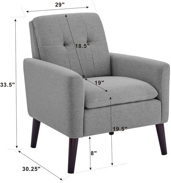 English Elm Tufted Upholstered Armchair with Mid-Century Flared Dowel Legs, Plush Foam Seat and Engineered Frame Gray B343P317236