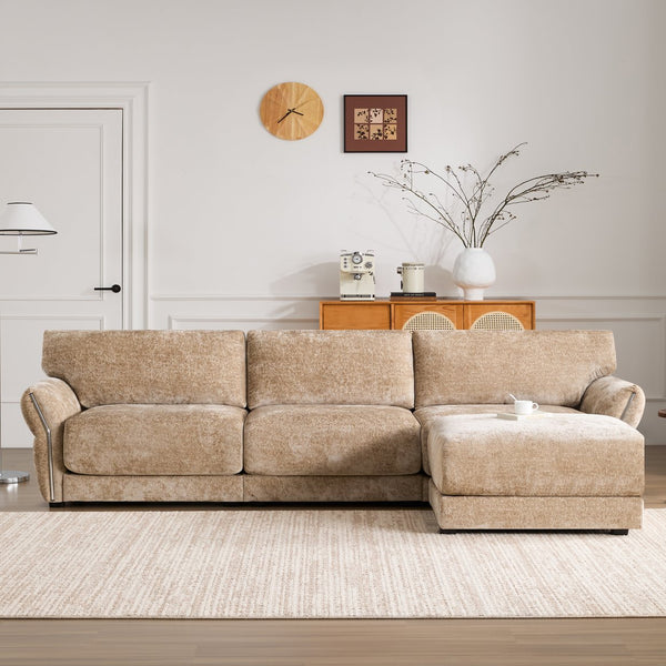 English Elm 110" Modular Sectional Sofa with Extra-Wide Chenille Seats, USB & Type-C Charging Ports, Ottoman, High-Density Foam Comfort khaki N723S7038D