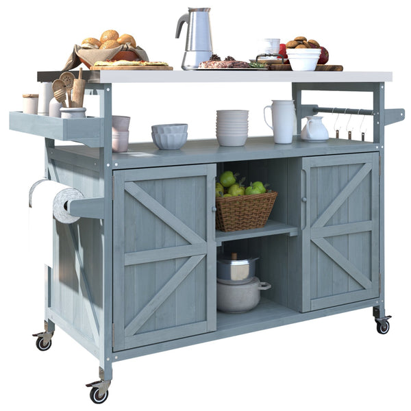 English Elm K&K Outdoor Kitchen Island Rolling Bar Cart with 1.2" Stainless Steel Top, Ample Storage, Wheels and Spice Rack Grey+Blue WF532198AAG