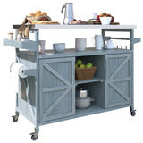 English Elm K&K Outdoor Kitchen Island, Rolling Bar Cart & Storage Cabinet, Farmhouse Solid Wood Outdoor Grill Table With Stainless Steel Top, Spice Rack , Towel Rack For Kitchen & Bbq , Grey Blue