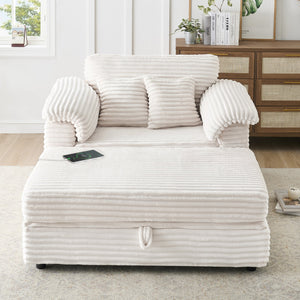 English Elm 47.24-inch corduroy armchair with storage ottoman and USB ports, spring seat, solid wood frame lounge White W3356S00024