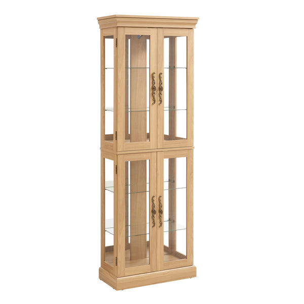 English Elm Lighted Glass Curio Display Cabinet with Quiet Hinge, Internal LED Lighting, Adjustable Shelves, Vintage Carved Handle Light Oak W2275P199811