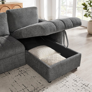 English Elm Noemi Gray Chenille Sleeper Sectional with Storage Chaise and Usb Charging Ports B2749S00274