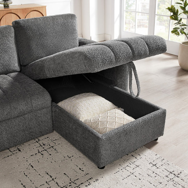 English Elm Noemi Gray Chenille Sleeper Sectional with Storage Chaise and Usb Charging Ports B2749S00274