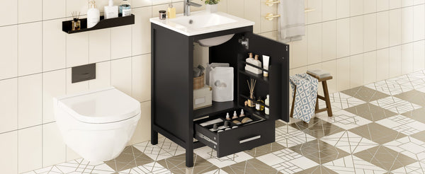 English Elm 20-Inch Compact Bathroom Vanity with Ceramic Sink, Soft-Close Storage, Divider Drawer & Easy Plumbing Access Black N729P334847B
