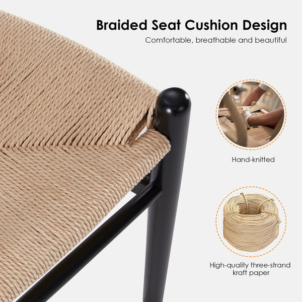 English Elm Fully Assembled Wishbone Barstool - Beige Paper Rope Seat, Solid Ash Wood, Eco Finish, 350LB Capacity T3623P379810