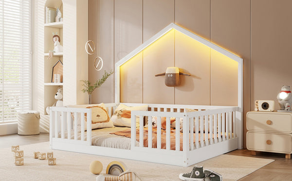 English Elm Twin Montessori Floor Bed House Frame with Led Lighting and Safety Rails for Kids White W2593P440604