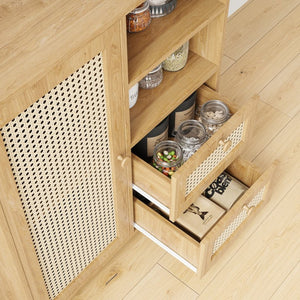 English Elm Rattan Cane Front Sideboard with Drawers Adjustable Shelf Bohemian Storage Cabinet Natural T3623P434728