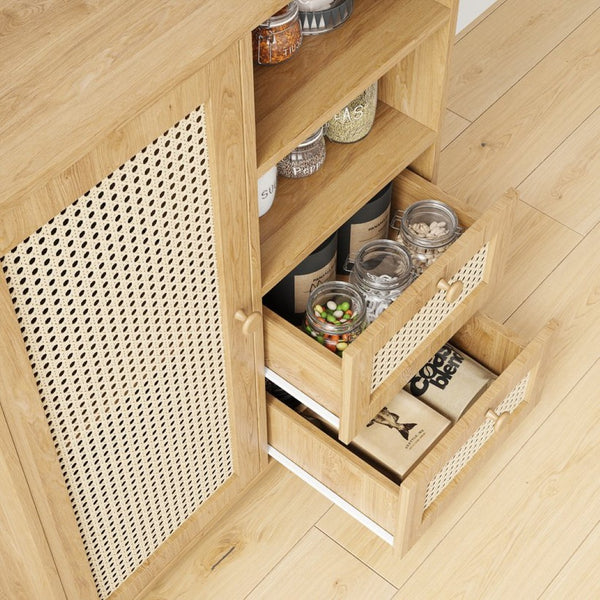 English Elm Rattan Cane Front Sideboard with Drawers Adjustable Shelf Bohemian Storage Cabinet Natural T3623P434728