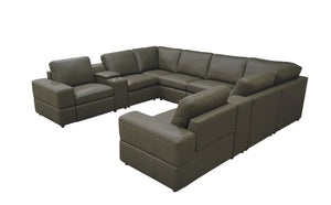 English Elm Premium Leather Match L-shaped Sectional with Dual Recliners and Built-in Console Olive Green B2748S00162