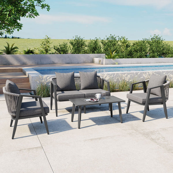 English Elm U_STYLE Heavy-Duty Outdoor Seating Set with Iron Table, Bench & Chairs — Patio, Lawn & Poolside Comfort Gray WY000439AAE