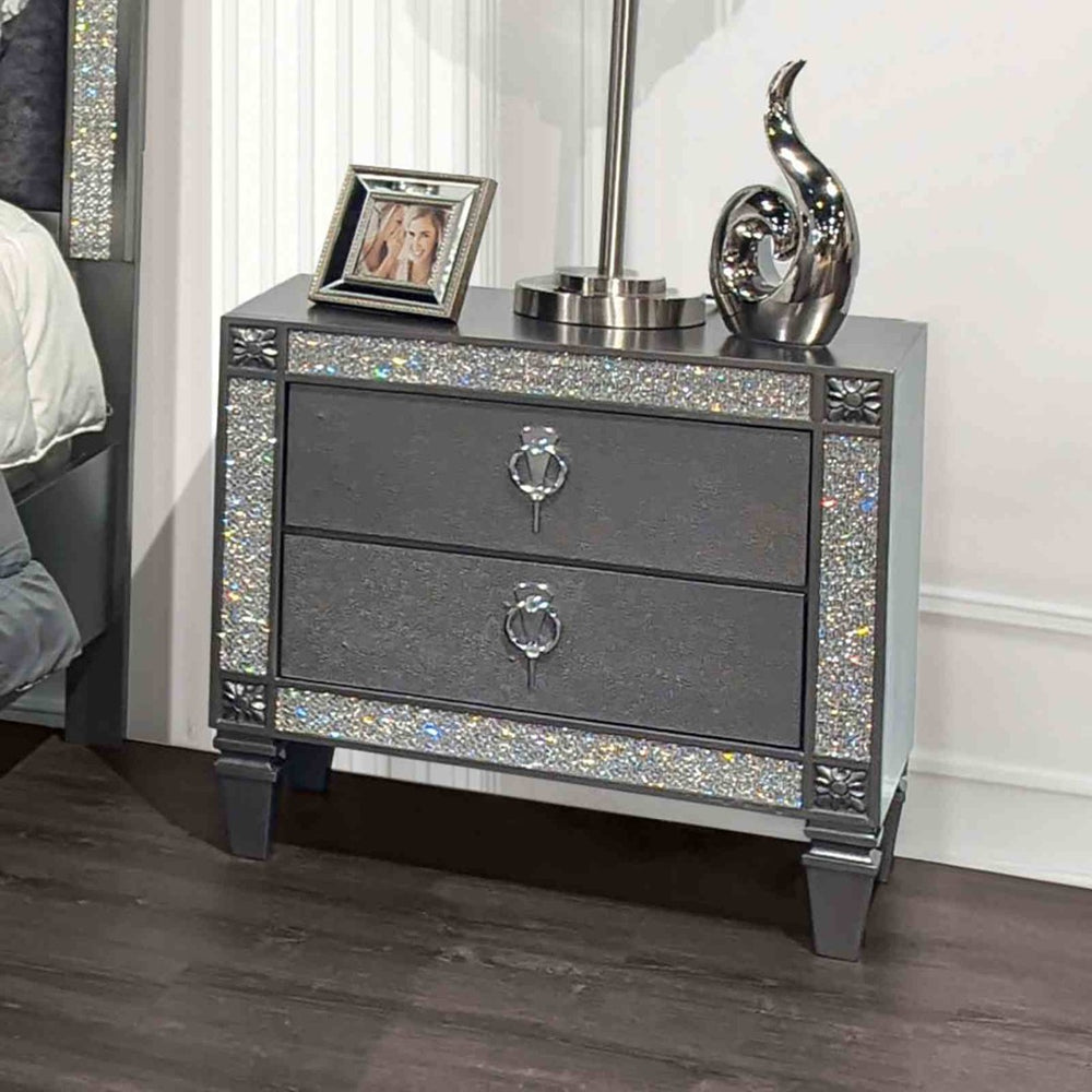 English Elm Glam Two Drawer Nightstand with Acrylic Trim Nickel Pulls and Tapered Legs in Gray B2741P435898