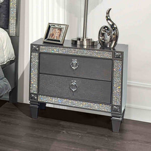 English Elm Glam Two Drawer Nightstand with Acrylic Trim Nickel Pulls and Tapered Legs in Gray B2741P435898