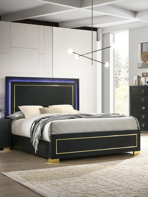 English Elm Contemporary Queen Bedroom Set Matte Black Wood Gold Legs Led Headboard Nightstands B2741S00157