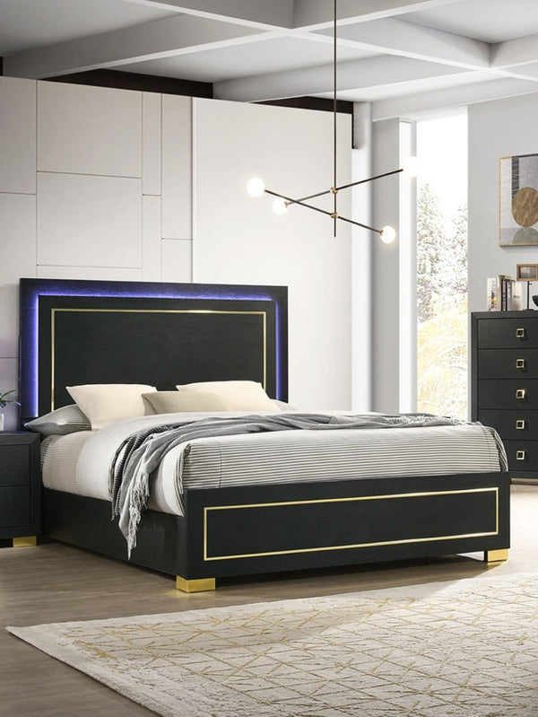 English Elm Contemporary Queen Bedroom Set Matte Black Wood Gold Legs Led Headboard Nightstands B2741S00157