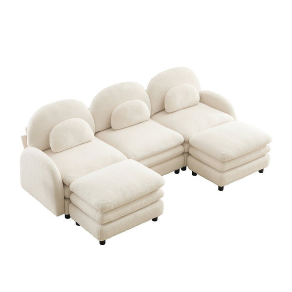 English Elm Teddy Fleece Modular Cloud Sofa Plush Three Seat Sectional with Movable Ottomans Beige White W5656S00084
