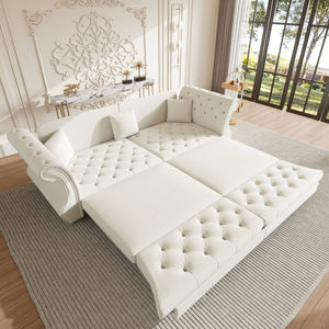 English Elm 97.6" Oversized Velvet Chesterfield Sleeper Sofa Floral Tufted Roll Arm Living Room Couch Beige White W1885S00397