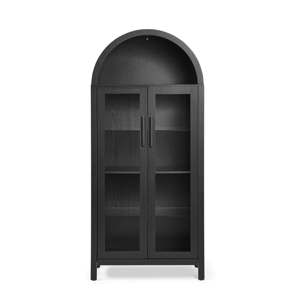 English Elm A high arched storage cabinet with lamp and adjustable glass shelves, modern retro MDF poplar display cabinet with LED accent lighting for kitchen and living room storage elegance Black W487P358610