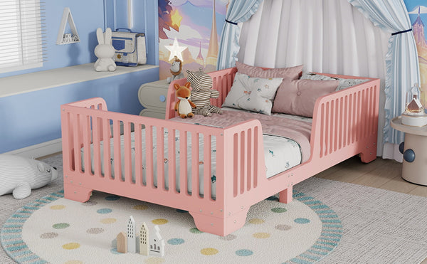 English Elm Twin Montessori Floor Bed with Safety Rails Hinged Door and Plywood Slats for Kids Pink W2593P381410