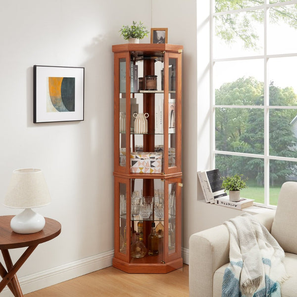 English Elm Corner Lighted Curio Cabinet Dark Oak Finish with Mirrored Back and Glass Shelves W2275P296058